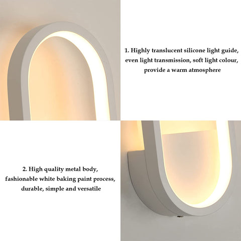 Applique Murale LED Moderne, 3000K, 4000K, 6000K Lampe Murale Réglable 3 Couleurs, Éclairage Mural Interieur Ovale 10W pour Couloir, Chambre, Salon (Commande de Commutateur) Blanc