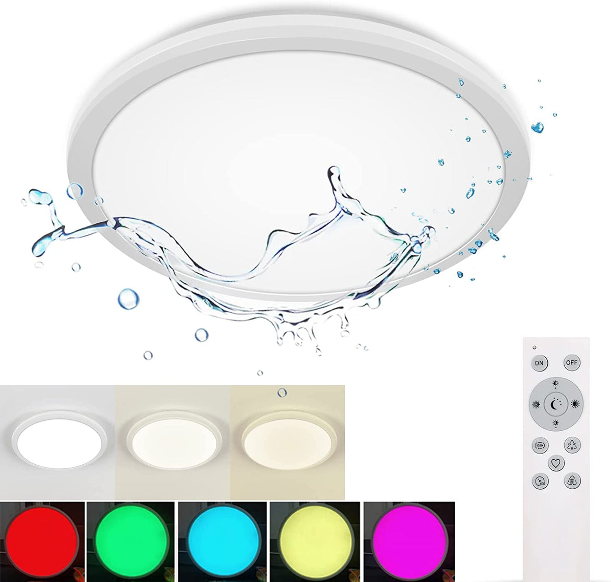 Plafonnier LED Dimmable, Luminaire Plafonnier Salle de bain IP54, 24W 3100LM, 2700-6500K RGB Étanche Lampe de Plafond Moderne avec Télécommande pour Salon, Chambre (Ø28cm)