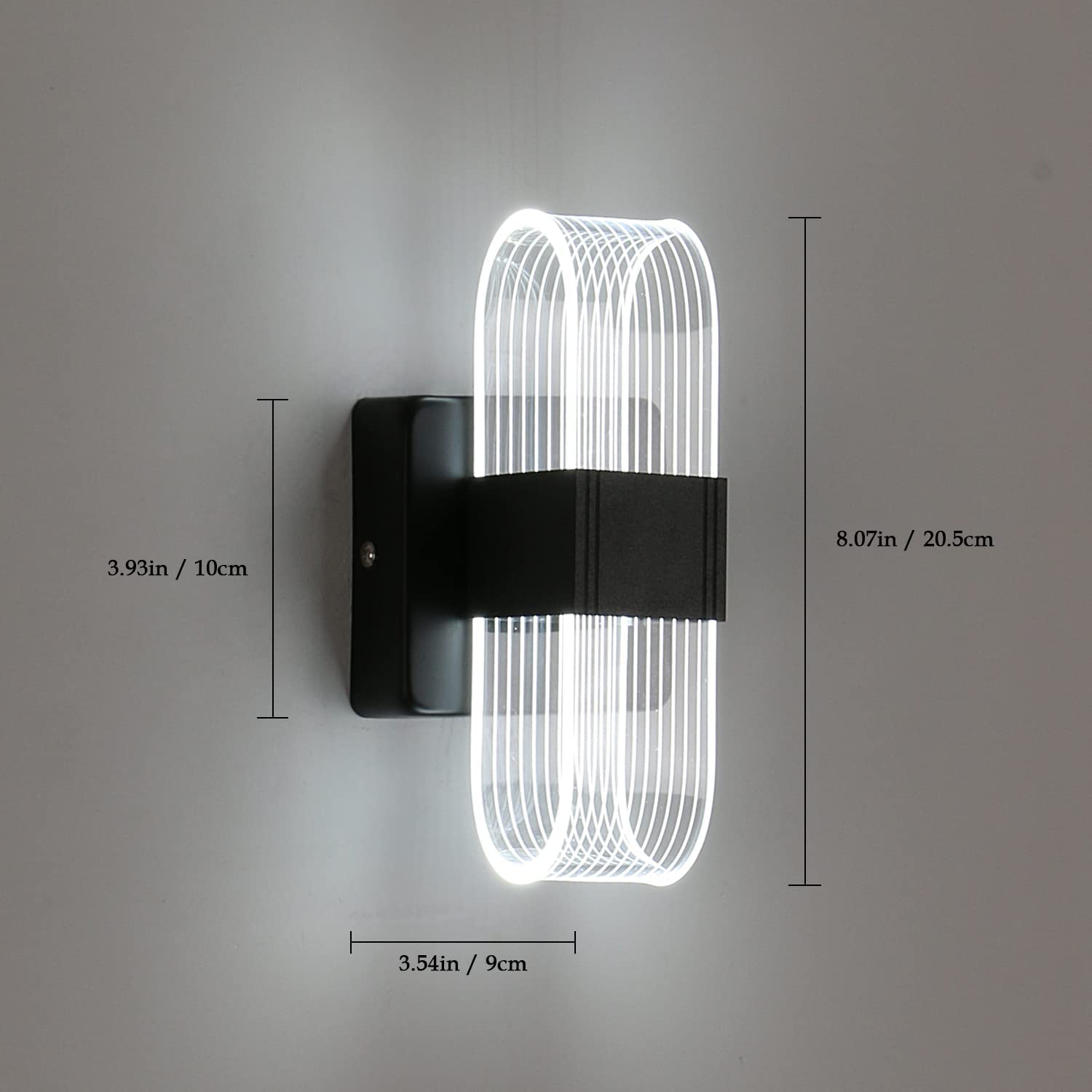 Applique Murale Interieur LED Dimmable 12W Lampe Murale Moderne Design Acrylique Romantique Créative pour Chambre à Coucher, Salon, Couloir, Escalier, Hôtel, 3000K-6000K Lumière Blanc ( Noir)