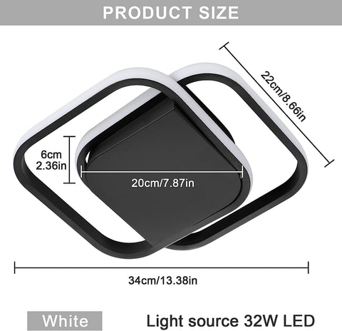Plafonnier LED moderne Blanc Froid 6000K Carré Lampe de Plafond Pour salon chambre à coucher salle à manger bureau Noir