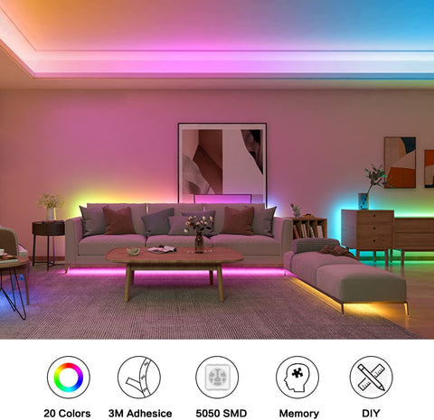 Ruban LED 5M, Bande LED Chambre RGB 5050 12V, 20 Couleurs Gradables, Multicolore LED Strip IP20 Adhésive 3M Améliorée avec Télécommande à 24 Boutons pour Décorations D'intérieur, Fêtes et Noël
