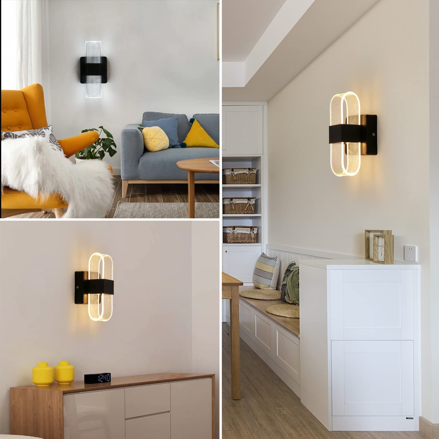 Applique Murale Interieur LED Dimmable 12W Lampe Murale Moderne Design Acrylique Romantique Créative pour Chambre à Coucher, Salon, Couloir, Escalier, Hôtel, 3000K-6000K Lumière Blanc ( Noir)