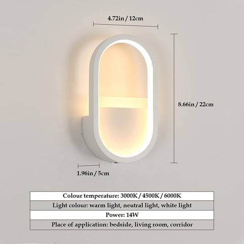 Applique Murale LED Moderne, 3000K, 4000K, 6000K Lampe Murale Réglable 3 Couleurs, Éclairage Mural Interieur Ovale 10W pour Couloir, Chambre, Salon (Commande de Commutateur) Blanc