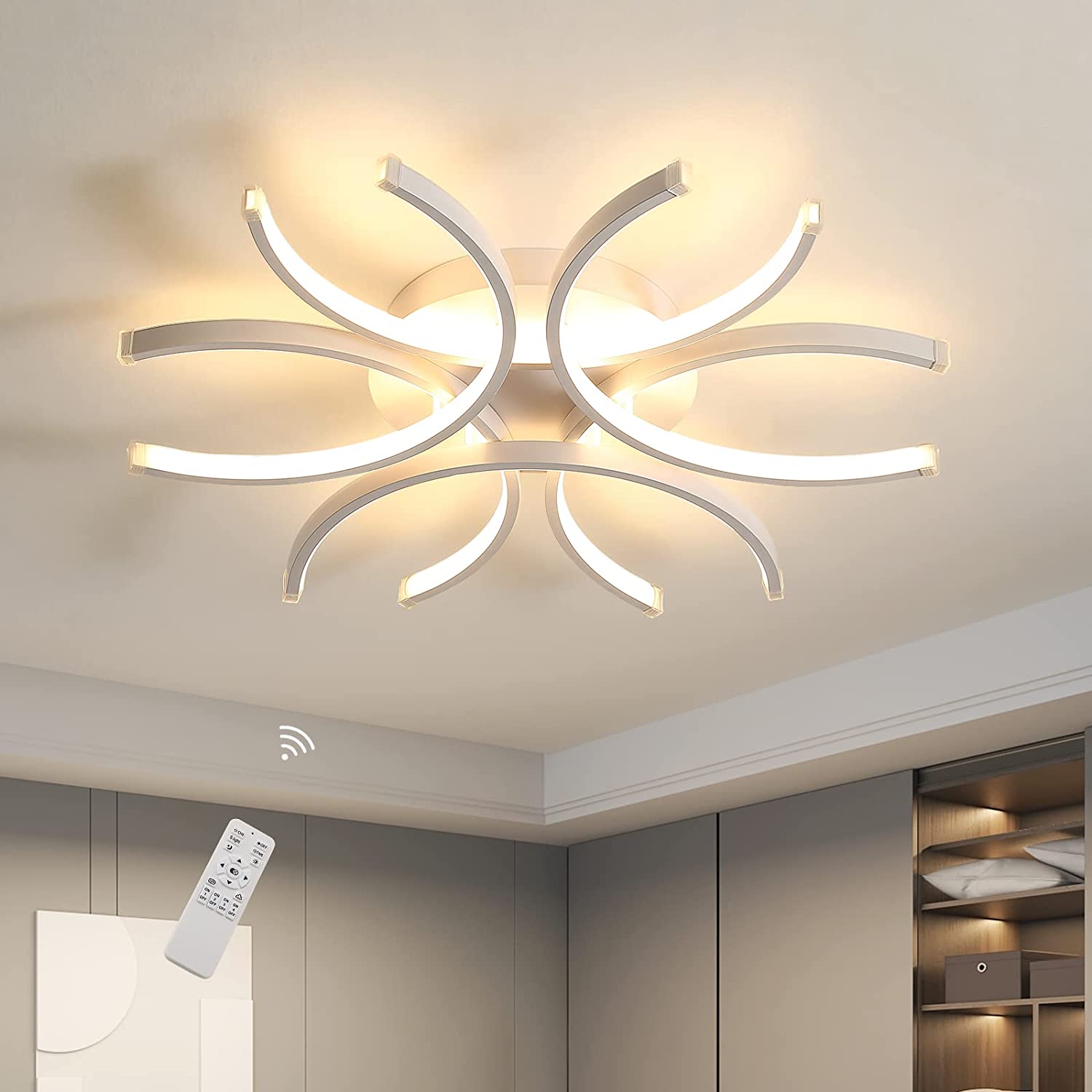 LED Plafonnier , 72W 6400LM Dimmable Télécommande Plafonniers, Pétales Courbes Modernes