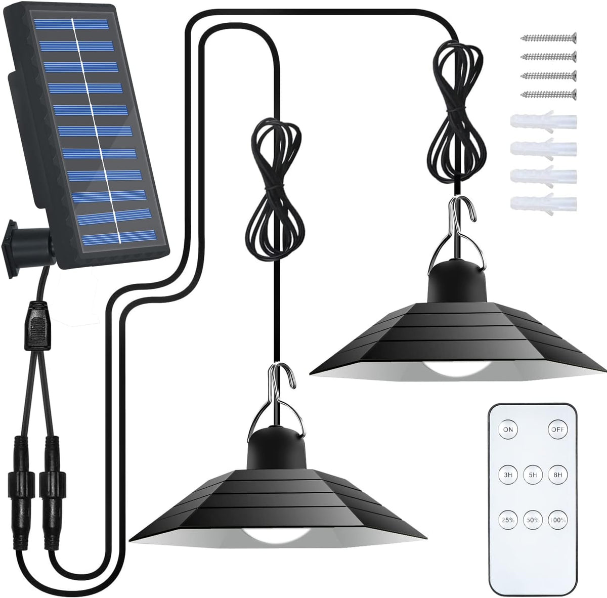 Lampe Solaire Exterieur et Intérieur, Lustre solaire à intensité variable avec 2 Lampes, 3 luminosité, étanche, Suspension télécommandée pour jardin, garage, balcon, couloir