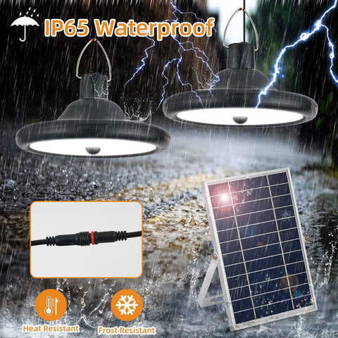 Lampe Solaire Extérieur Intérieur, Suspension Solaire à Double Tête avec Détecteur de Mouvement et Télécommande, IP65 étanche Pendant 5m Cable pour Jardin, Terrasse, Balcon, Garage, Grange