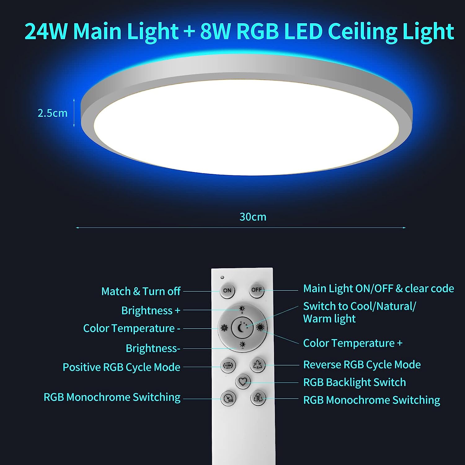 Plafonnier Led Dimmable RGB 3000K-6500K Rond plafonnier LED salle de bain étanche IP54 Pour Bain, Chambre, Salon, Cuisine ?30CM