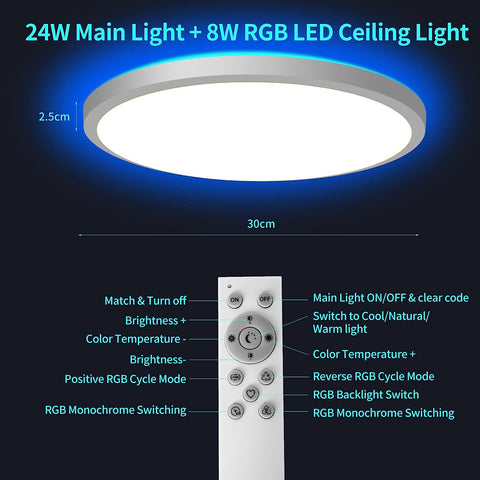 Plafonnier Led Dimmable RGB 3000K-6500K Rond plafonnier LED salle de bain étanche IP54 Pour Bain, Chambre, Salon, Cuisine ?30CM