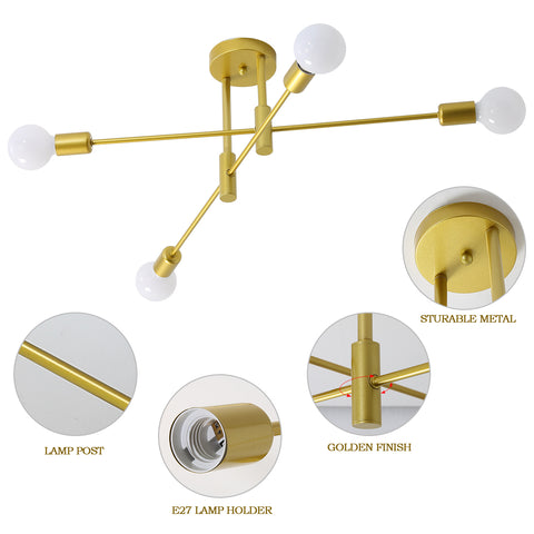 Plafonnier Industriel, Lampe de Plafond Rétro, Doré 4-Lampe E27 Métal Lustres LED Modernes pour Chambre, Salon, Cuisine, Bureau, Café, Restaurant