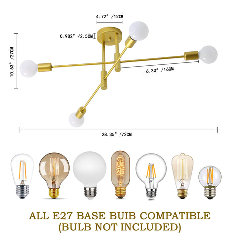 Plafonnier Industriel, Lampe de Plafond Rétro, Doré 4-Lampe E27 Métal Lustres LED Modernes pour Chambre, Salon, Cuisine, Bureau, Café, Restaurant