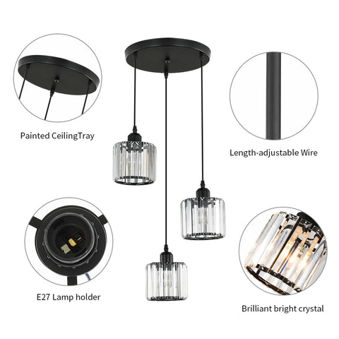 Nordic lustre minimaliste moderne E27 semi-encastré LED plafonnier salle à manger en cristal (rond, 3 lumières)