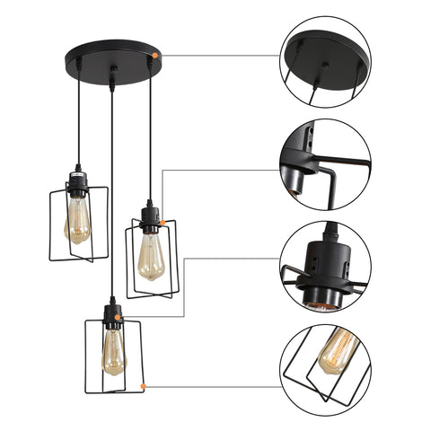E27 Lustre Industriel Pendentif Lumière Plafond Vintage 3 Lumières Cage En Métal Pendentif Lampe Style Rétro Décoratif pour Cuisine Chambre Salle À Manger