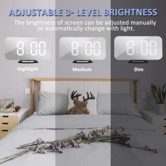 Réveil numérique moderne avec port USB et miroir - Horloge décorative pour table murale ou bureau - Police blanche
