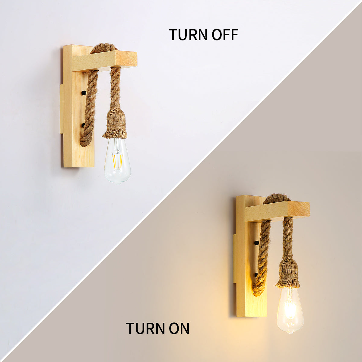 Applique Murale Bois Rétro,Spots Muraux Vintage Industriel, E27 Corde De Chanvre Créative Lampes Murales pour Chambre, Balcon, Couloir, Cuisine, Escalier