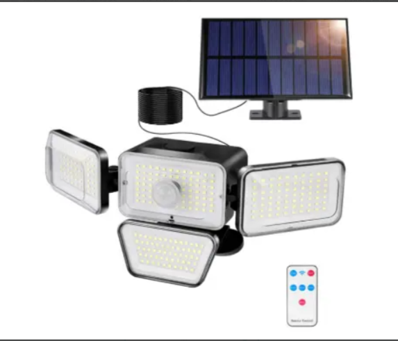 Lampe Solaire Exterieur Detecteur de Mouvement, Lumiere Solaire Exterieur 4 Têtes 278 LED IP65 Étanche Projecteur Solaire Extérieur avec Télécommande 3 Modes Spot LED Solaire pour Jardin